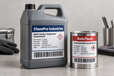 Holoflex filmic labels with hazard panels and barcodes on a chemical jerrycan and a metal tin