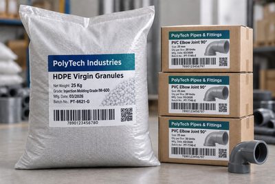 Holoflex self-adhesive labels with barcodes on a sack of plastic granules and stacked boxes of pipe fittings