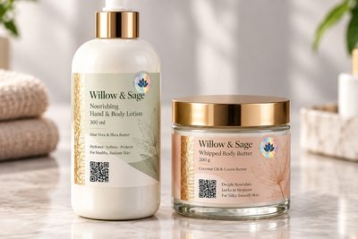 Holoflex self-adhesive labels with foil accents and QR codes on a lotion pump bottle and a cream jar