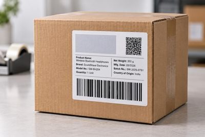 Holoflex despatch label with barcode and QR code on a corrugated shipping carton