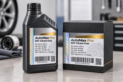 Holoflex self-adhesive labels with a holographic stripe and QR code on an engine oil bottle and an automotive parts box