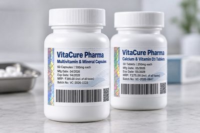 Holoflex self-adhesive labels with a holographic stripe, barcode and QR code on two white pharmaceutical bottles