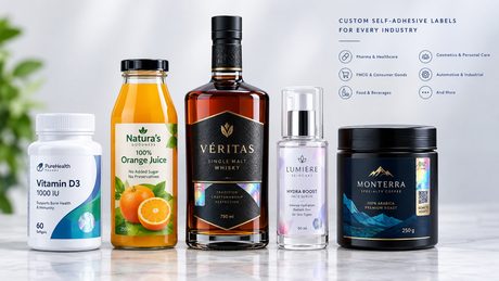 Custom self-adhesive labels on a vitamin bottle, juice bottle, whisky bottle, face serum and coffee tin, each carrying a holographic security seal