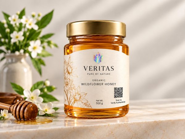 Holoflex self-adhesive label on a jar of organic wildflower honey, with a holographic brand emblem and a printed QR code to verify authenticity